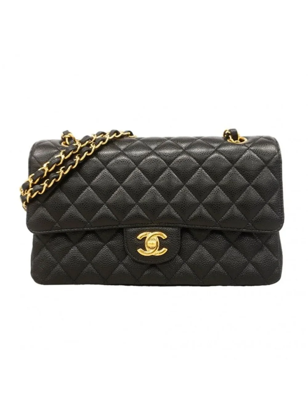 Chanel Shoulder Bag Quilted Caviar Leather Black Gold